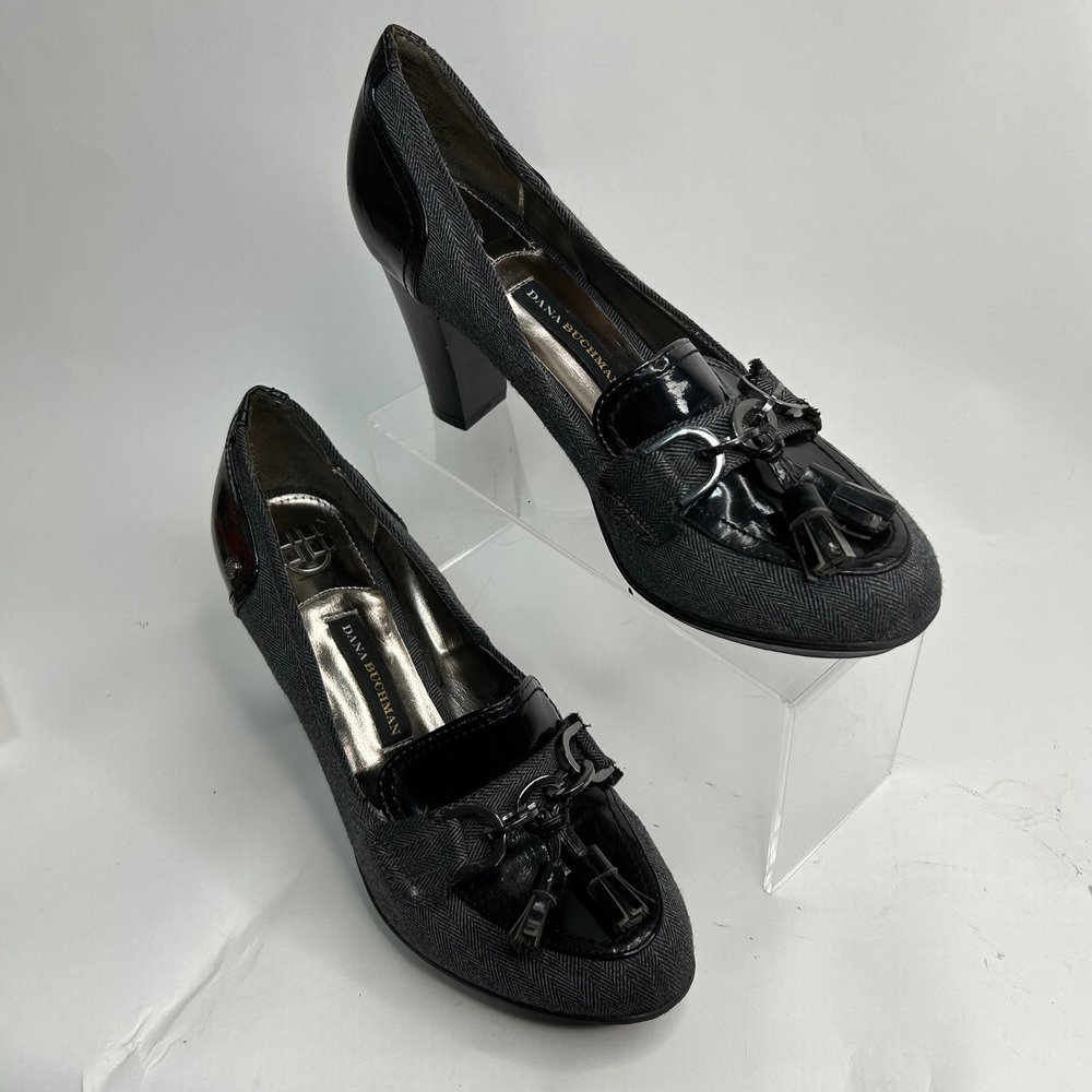 Dana Buchman Womens 8.5 Herringbone Tassel Loafer Pumps Black Gray Block Heel